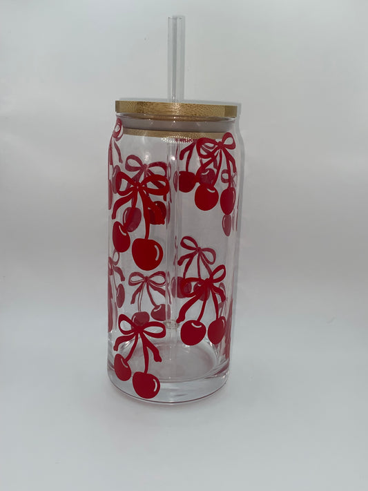 Cherry glass cup with bamboo lid and straw