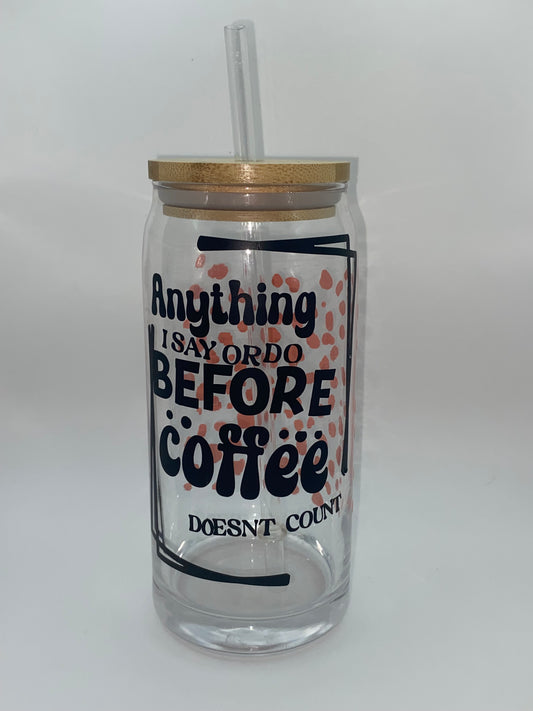 Coffee glass cup with bamboo lid with straw
